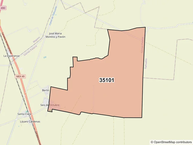 Mapa del código postal 35101, Gómez Palacio, Durango