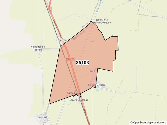 Mapa del código postal 35103, Gómez Palacio, Durango