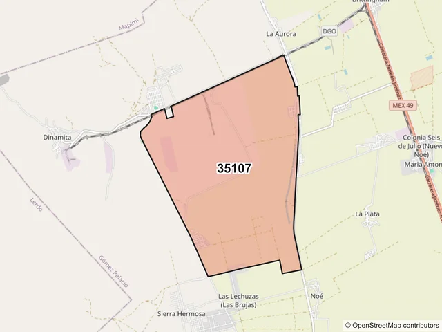 Mapa del código postal 35107, Gómez Palacio, Durango