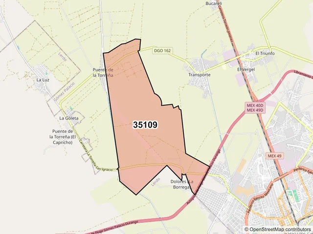 Mapa del código postal 35109, Gómez Palacio, Durango