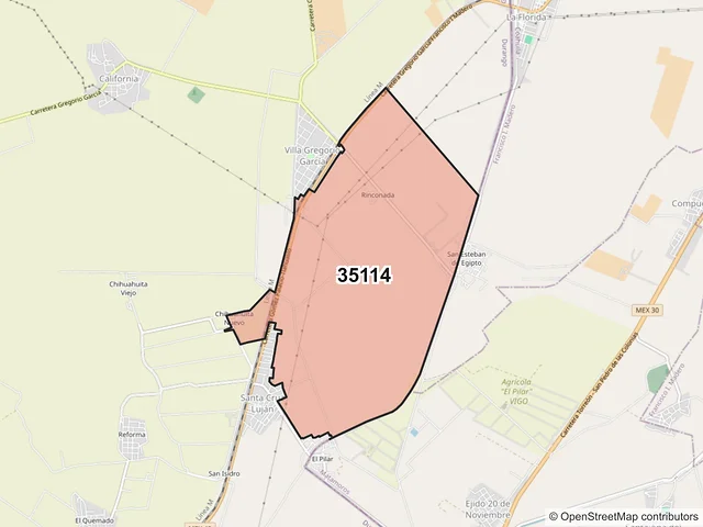 Mapa del código postal 35114, Gómez Palacio, Durango