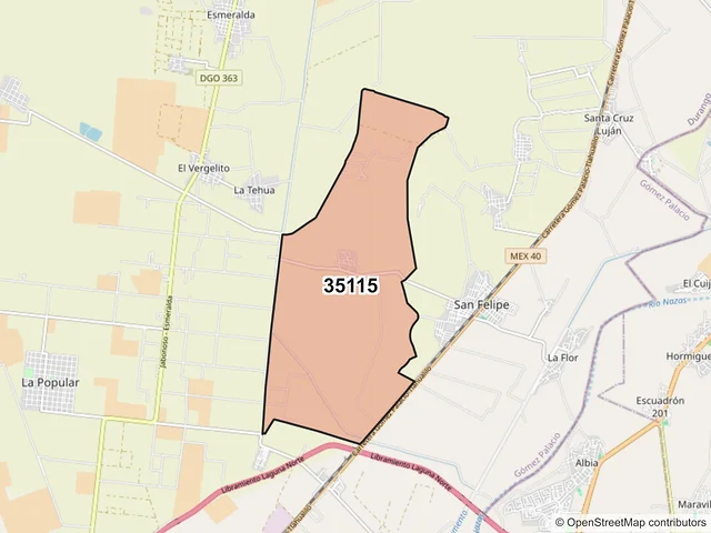 Mapa del código postal 35115, Gómez Palacio, Durango