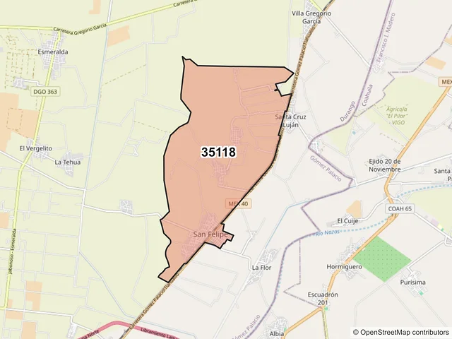 Mapa del código postal 35118, Gómez Palacio, Durango