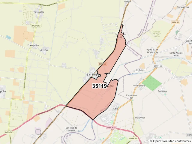 Mapa del código postal 35119, Gómez Palacio, Durango