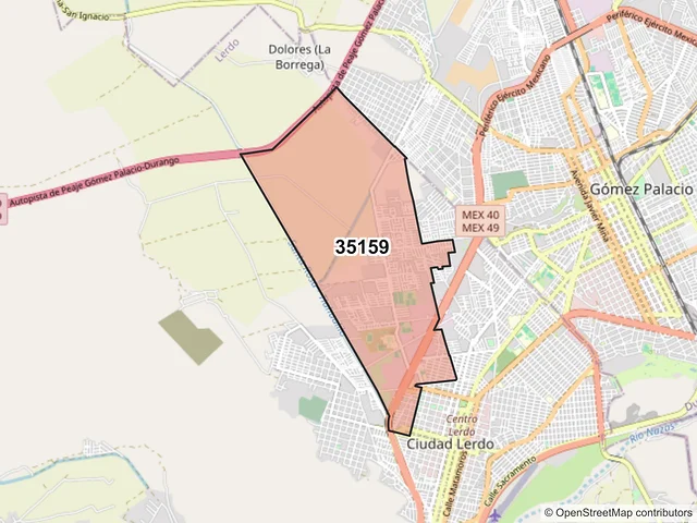 Mapa del código postal 35159, Lerdo, Durango