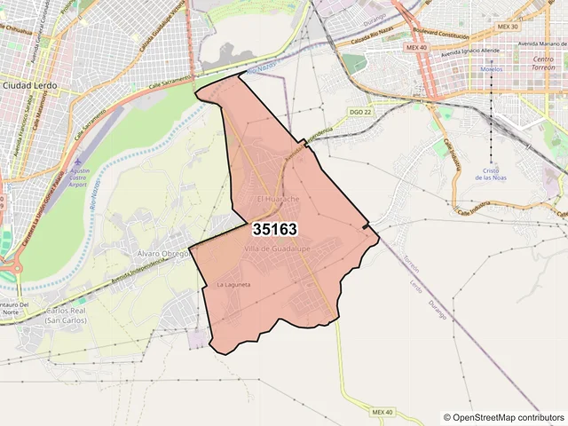 Mapa del código postal 35163, Lerdo, Durango