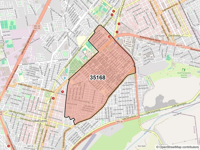 Mapa del código postal 35168, Lerdo, Durango