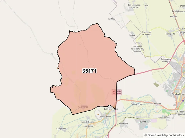 Mapa del código postal 35171, Lerdo, Durango