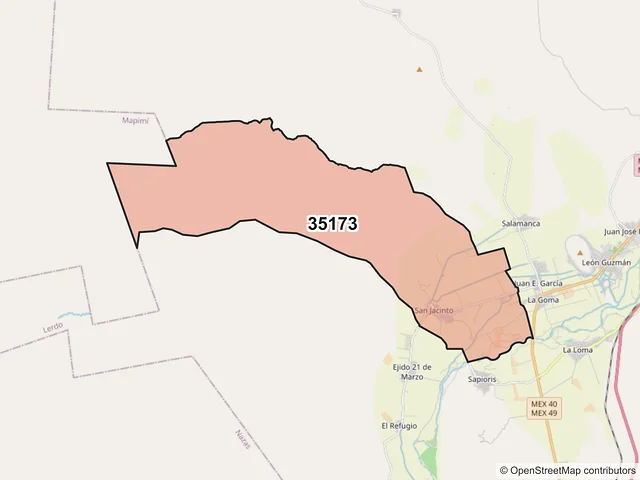 Mapa del código postal 35173, Lerdo, Durango