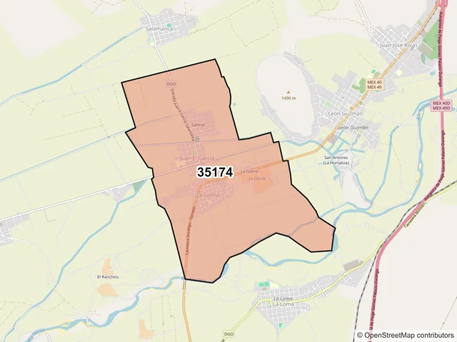 Mapa del código postal 35174, Lerdo, Durango