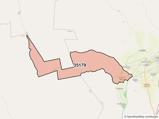 Mapa del código postal 35179, Lerdo, Durango