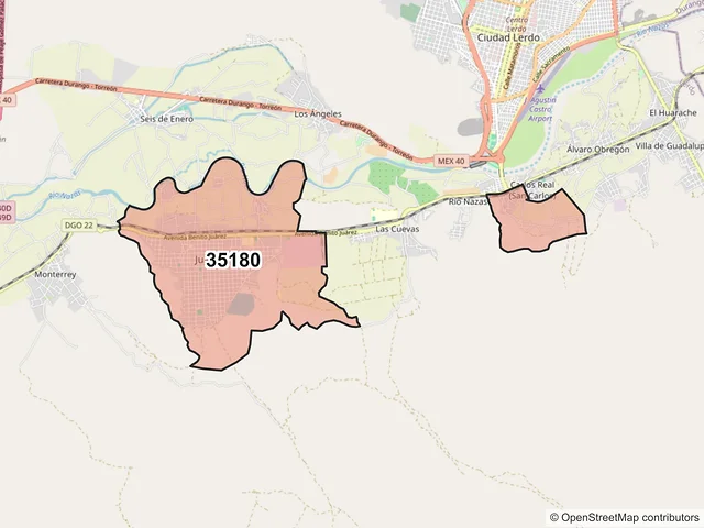 Mapa del código postal 35180, Lerdo, Durango
