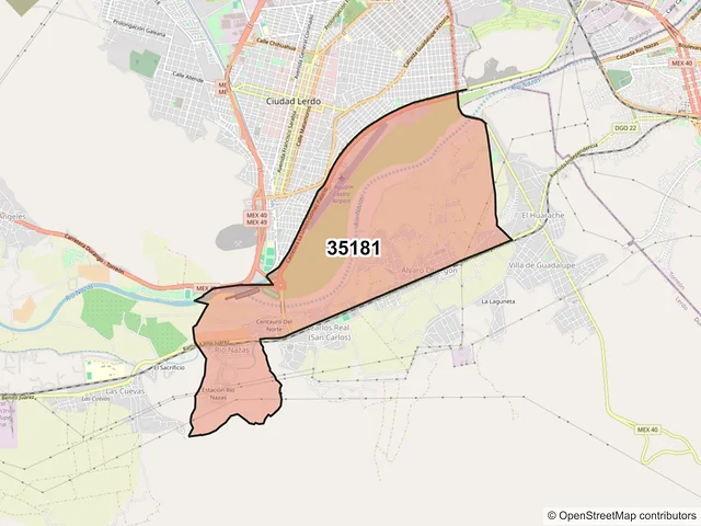 Mapa del código postal 35181, Lerdo, Durango