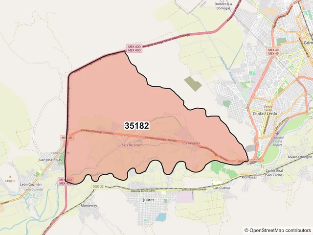Mapa del código postal 35182, Lerdo, Durango