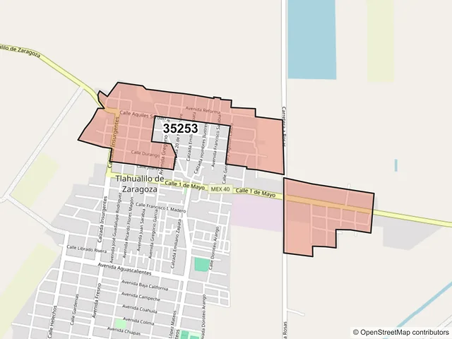 Mapa del código postal 35253, Tlahualilo, Durango