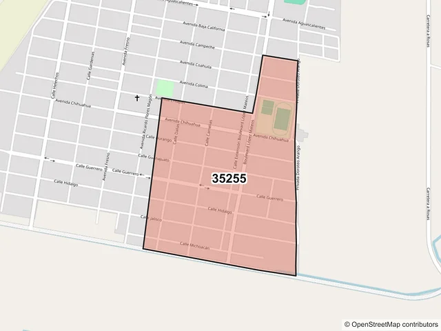 Mapa del código postal 35255, Tlahualilo, Durango