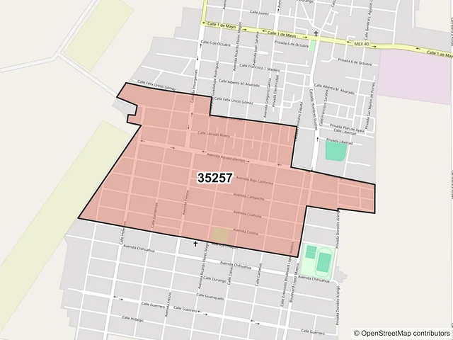 Mapa del código postal 35257, Tlahualilo, Durango