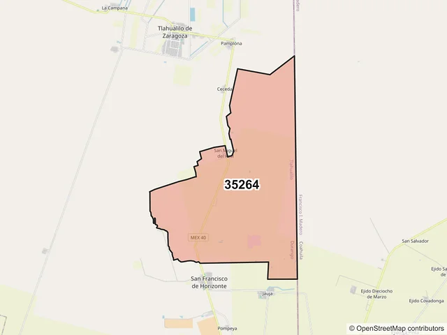 Mapa del código postal 35264, Tlahualilo, Durango