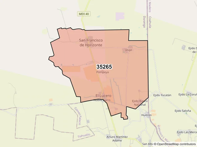 Mapa del código postal 35265, Tlahualilo, Durango