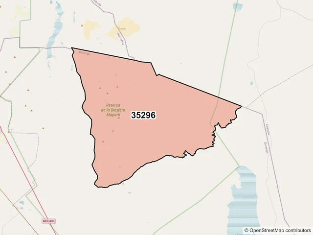 Mapa del código postal 35296, Tlahualilo, Durango