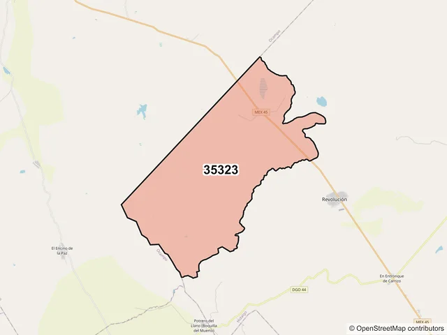 Mapa del código postal 35323, Hidalgo, Durango