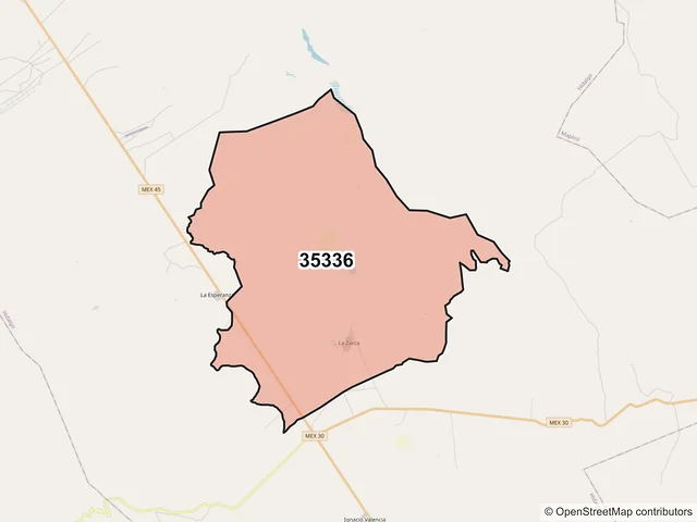 Mapa del código postal 35336, Hidalgo, Durango