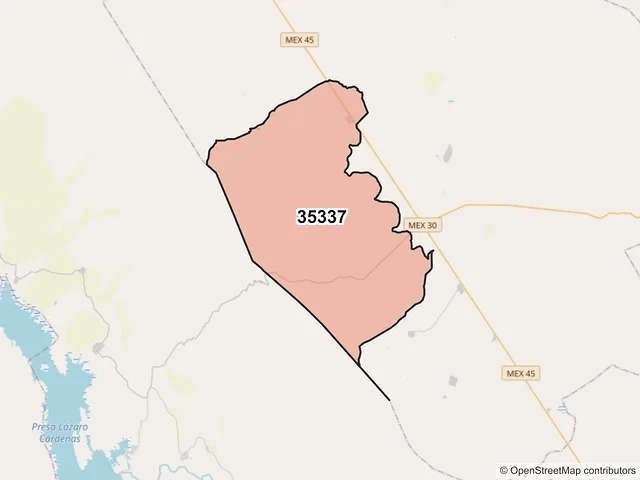 Mapa del código postal 35337, Hidalgo, Durango