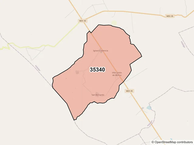 Mapa del código postal 35340, Hidalgo, Durango