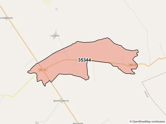 Mapa del código postal 35344, Hidalgo, Durango