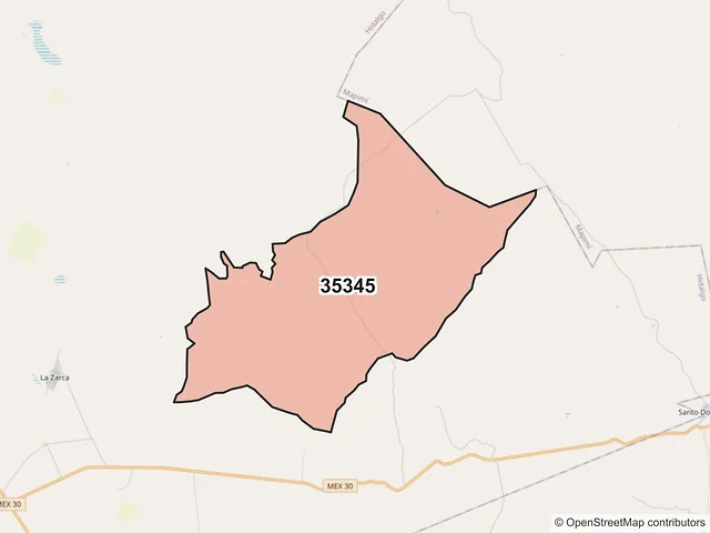Mapa del código postal 35345, Hidalgo, Durango