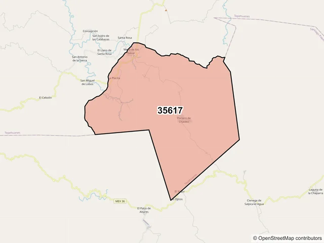 Mapa del código postal 35617, Tepehuanes, Durango