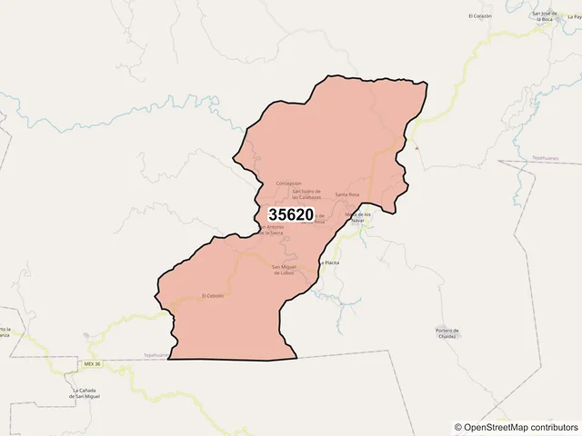 Mapa del código postal 35620, Tepehuanes, Durango