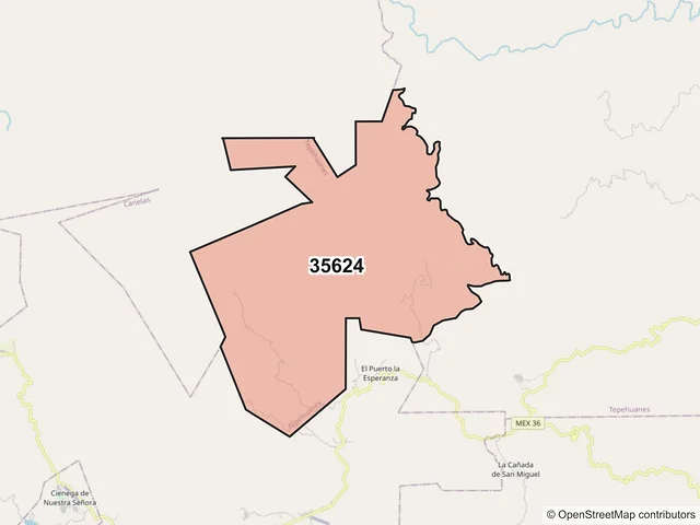 Mapa del código postal 35624, Tepehuanes, Durango