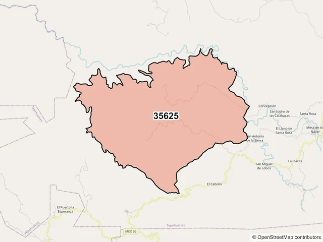 Mapa del código postal 35625, Tepehuanes, Durango