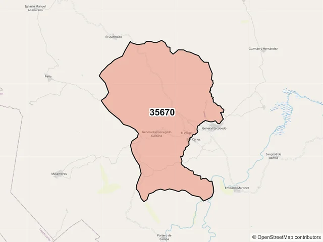 Mapa del código postal 35670, El Oro, Durango