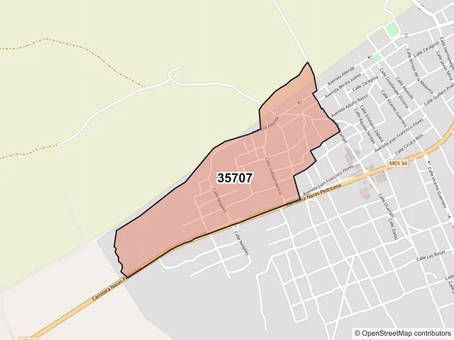 Mapa del código postal 35707, Nazas, Durango