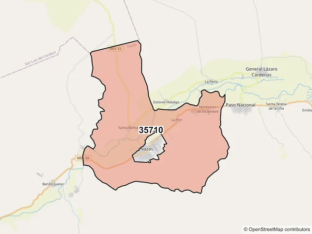 Mapa del código postal 35710, Nazas, Durango