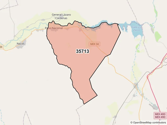 Mapa del código postal 35713, Nazas, Durango