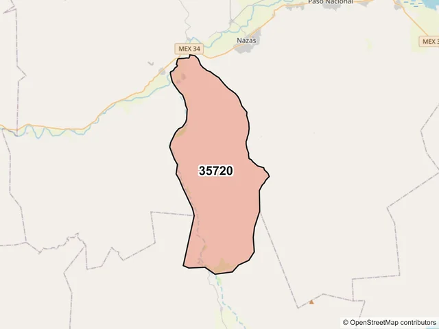 Mapa del código postal 35720, Nazas, Durango