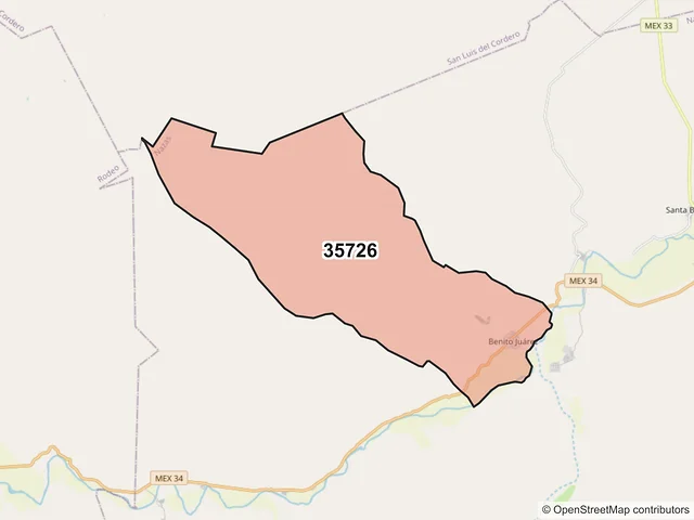 Mapa del código postal 35726, Nazas, Durango
