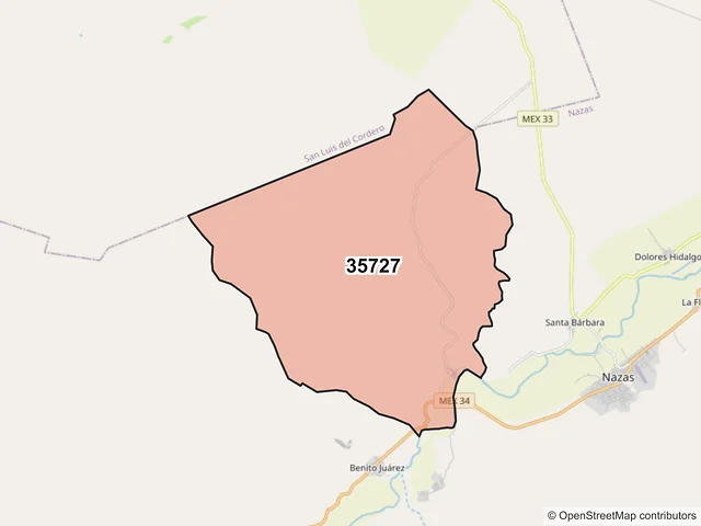 Mapa del código postal 35727, Nazas, Durango