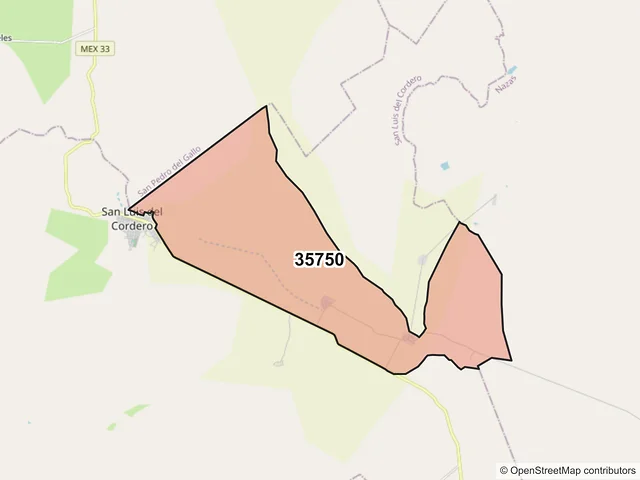 Mapa del código postal 35750, San Luis del Cordero, Durango