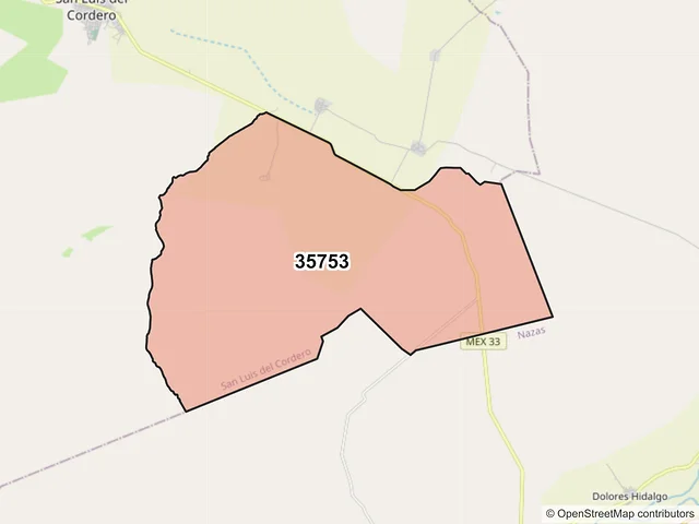 Mapa del código postal 35753, San Luis del Cordero, Durango