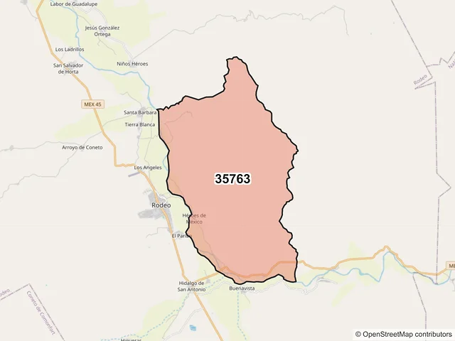 Mapa del código postal 35763, Rodeo, Durango