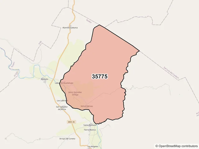Mapa del código postal 35775, Rodeo, Durango