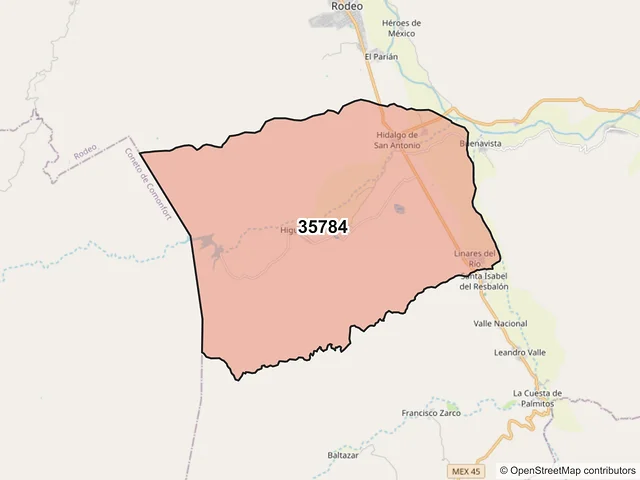 Mapa del código postal 35784, Rodeo, Durango