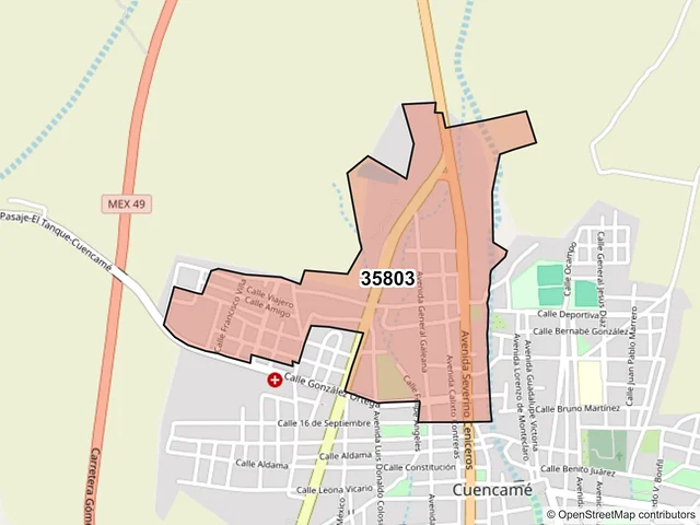 Mapa del código postal 35803, Cuencamé, Durango