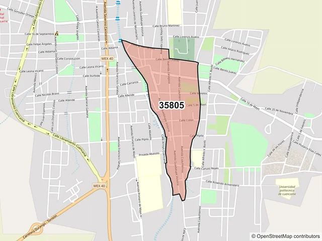Mapa del código postal 35805, Cuencamé, Durango