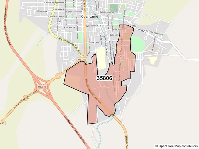 Mapa del código postal 35806, Cuencamé, Durango