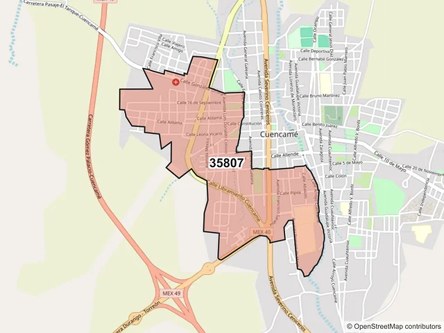 Mapa del código postal 35807, Cuencamé, Durango